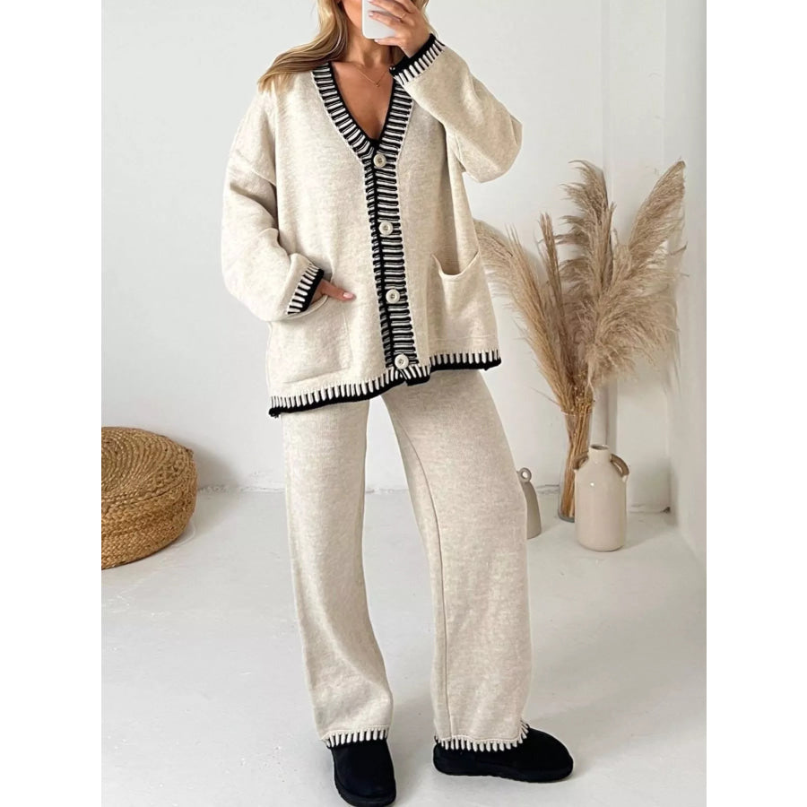Button Up V-Neck Cardigan and Pants Sweater Set Beige / S Apparel and Accessories