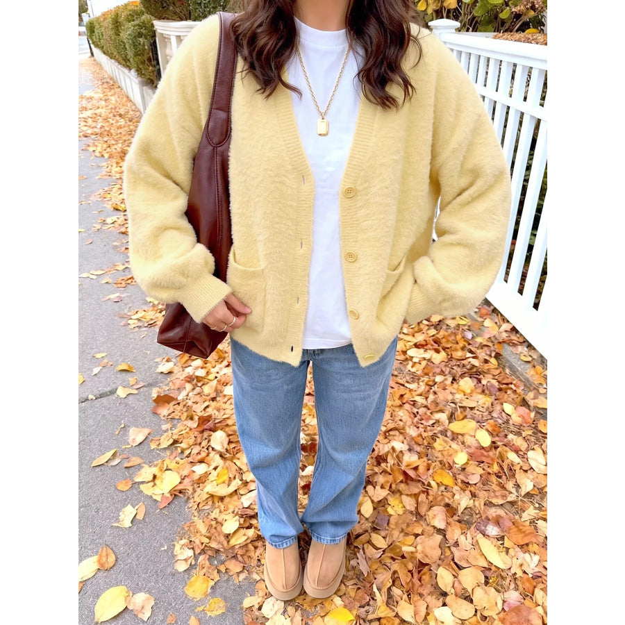 Button Up V-Neck Cardigan Yellow / S Apparel and Accessories
