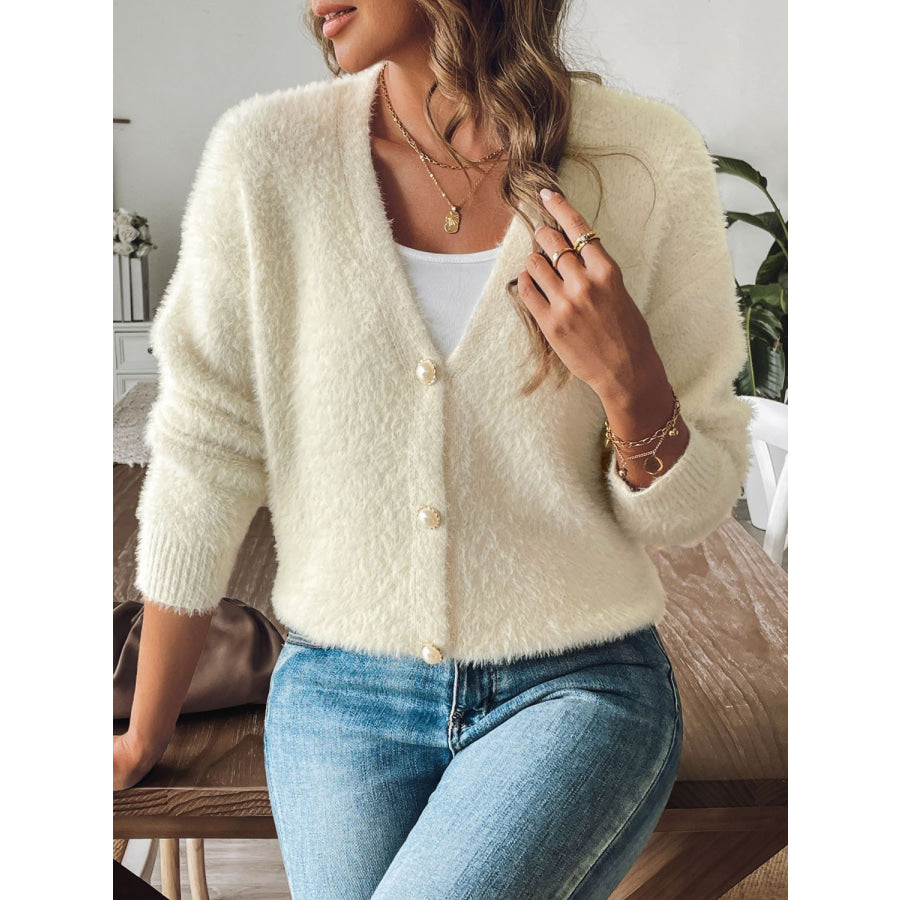 Button Up V-Neck Long Sleeve Cardigan Cream / S Apparel and Accessories