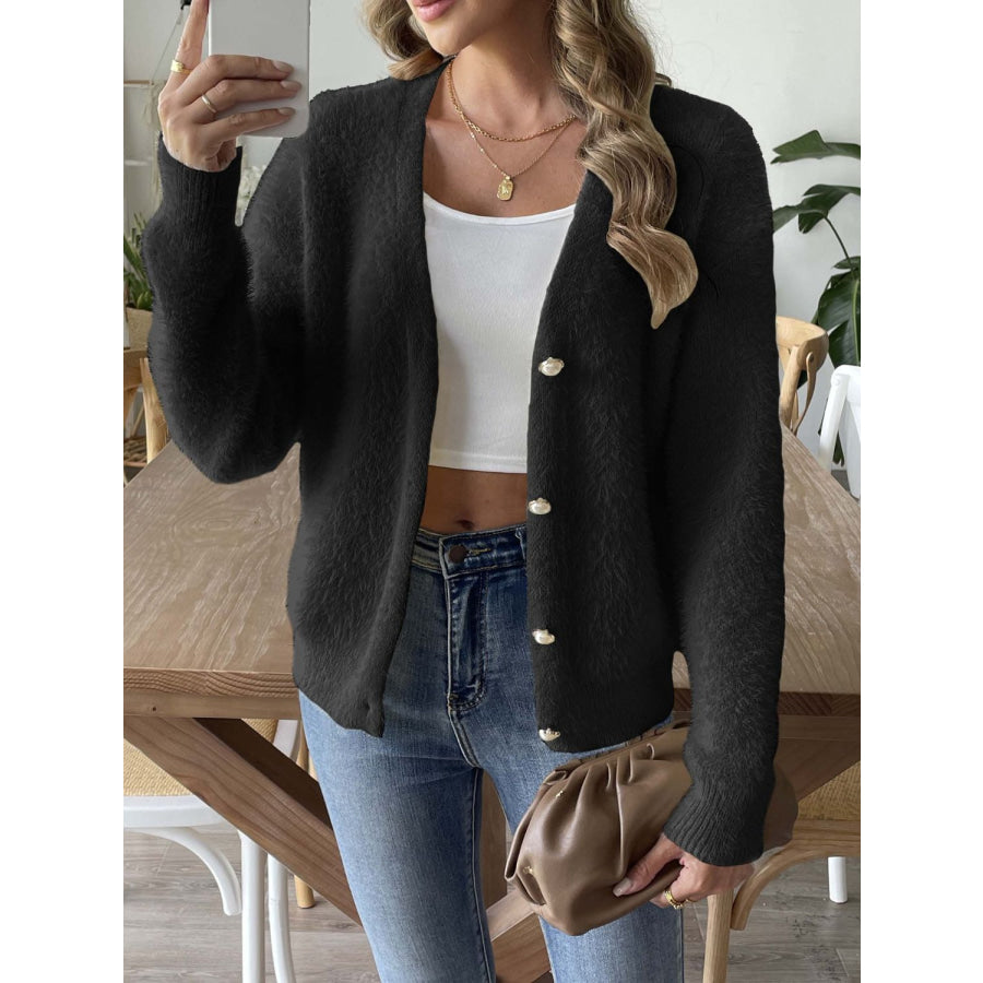 Button Up V-Neck Long Sleeve Cardigan Black / S Apparel and Accessories