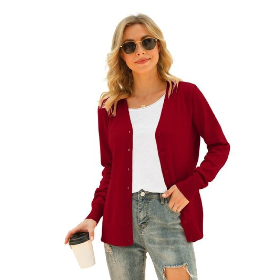 Button Up V-Neck Long Sleeve Cardigan Clothing