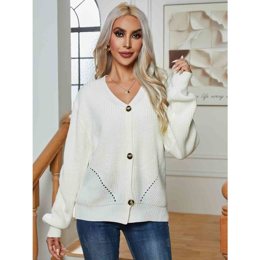 Button Up V-Neck Long Sleeve Cardigan