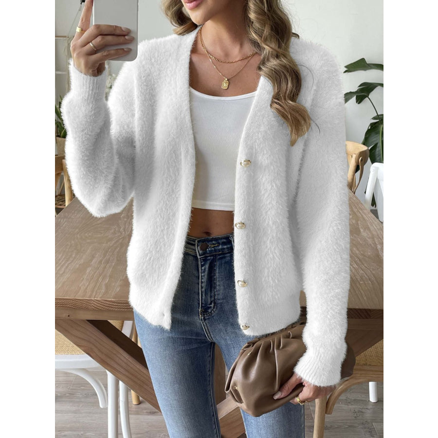 Button Up V-Neck Long Sleeve Cardigan White / S Apparel and Accessories