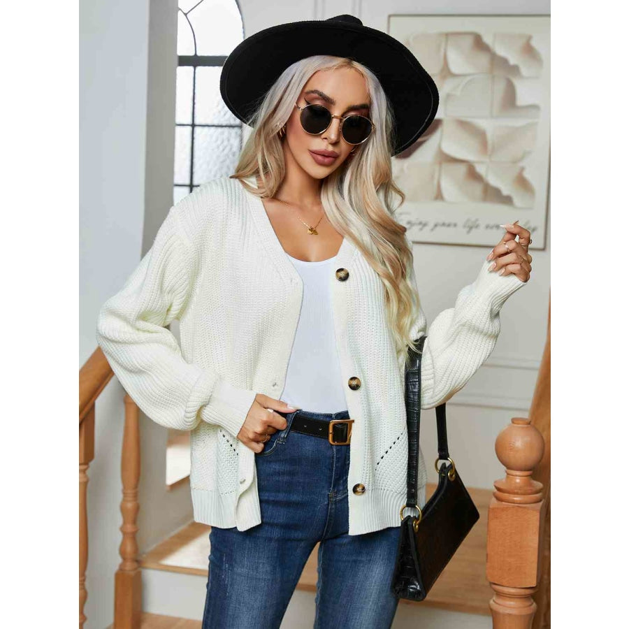 Button Up V-Neck Long Sleeve Cardigan White / S