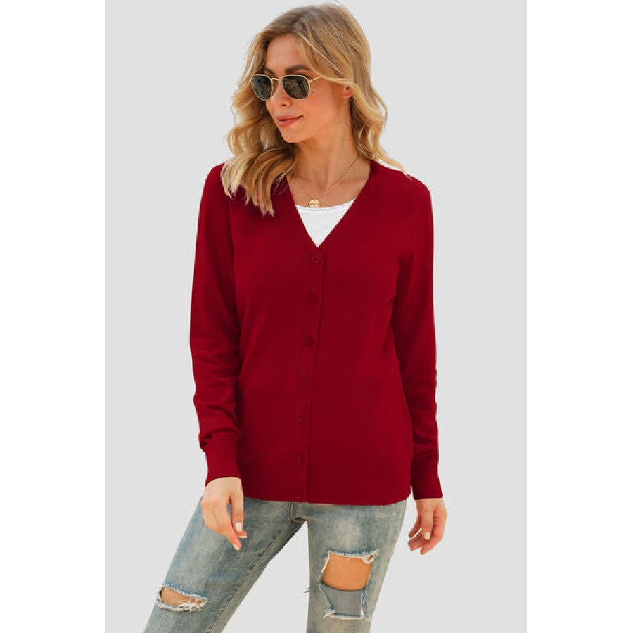 Button Up V-Neck Long Sleeve Cardigan Wine / S Clothing