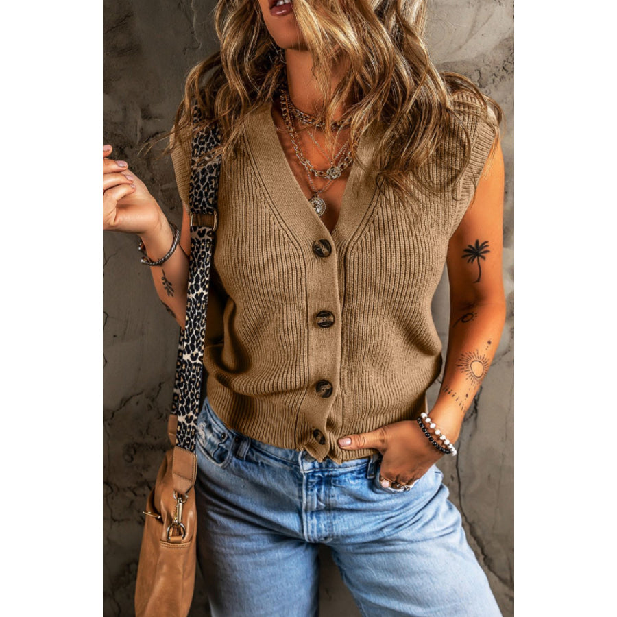 Button Up V-Neck Sweater Vest Camel / M Apparel and Accessories