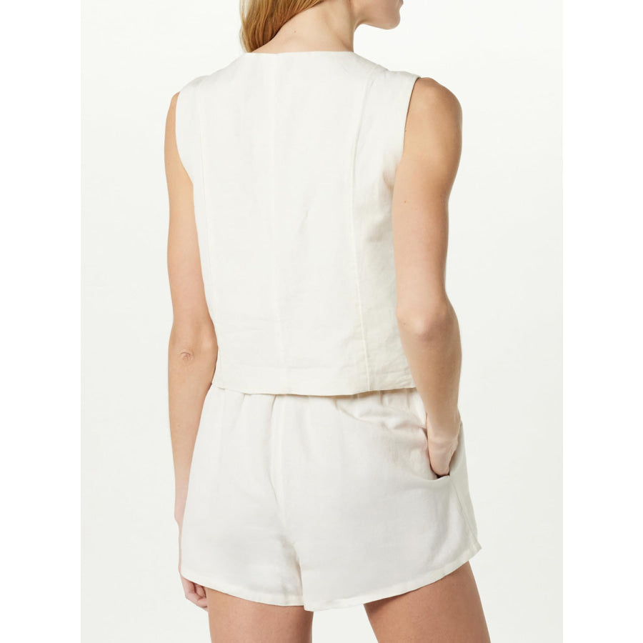 Button Up V-Neck Top and Pocketed Shorts Set White / S Apparel and Accessories