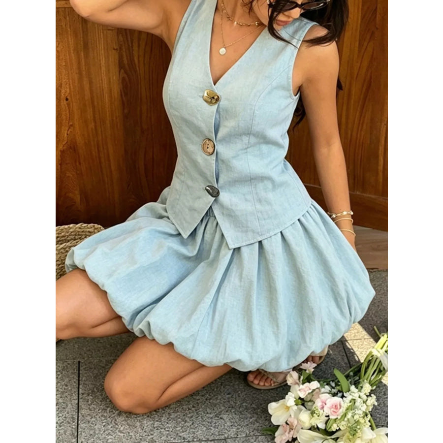 Button Up Vest and Bubble Skirt Set Apparel and Accessories