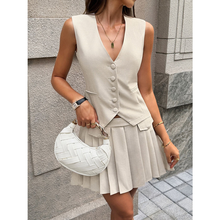 Button Up Vest and Pleated Mini Skirt Set Apparel and Accessories