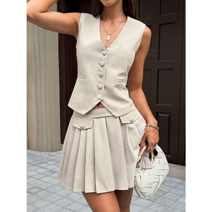 Button Up Vest and Pleated Mini Skirt Set Beige / S Apparel and Accessories