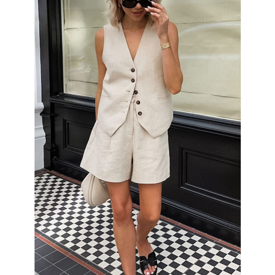 Button Up Vest and Shorts Set Beige / S Apparel and Accessories
