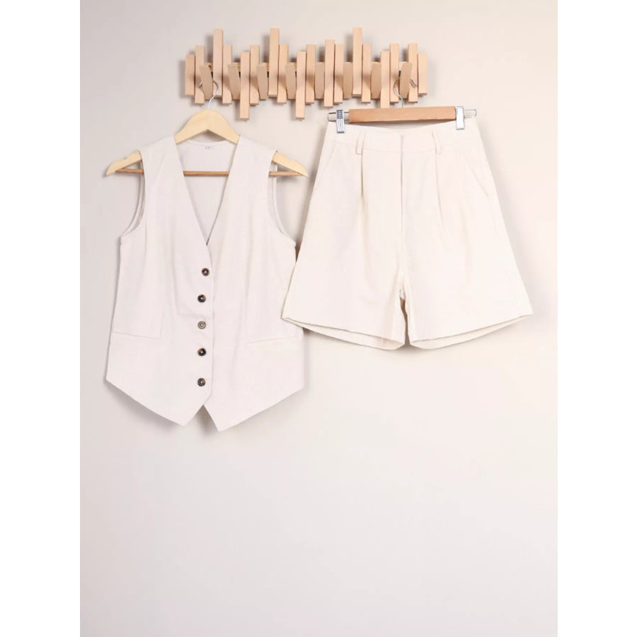 Button Up Vest and Shorts Two-Piece Set Apparel and Accessories