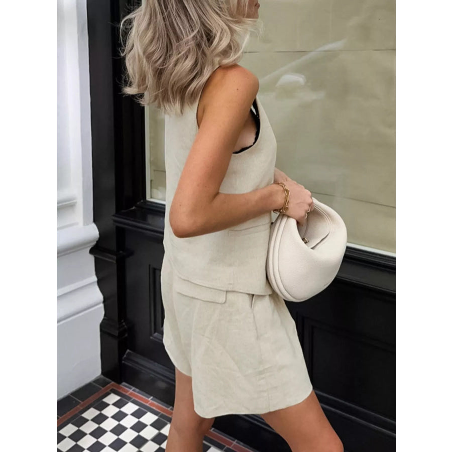Button Up Vest and Shorts Two-Piece Set Apparel and Accessories