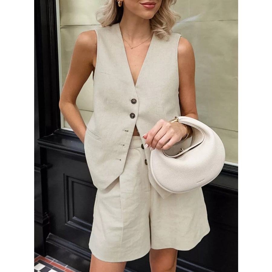 Button Up Vest and Shorts Two-Piece Set Apparel and Accessories