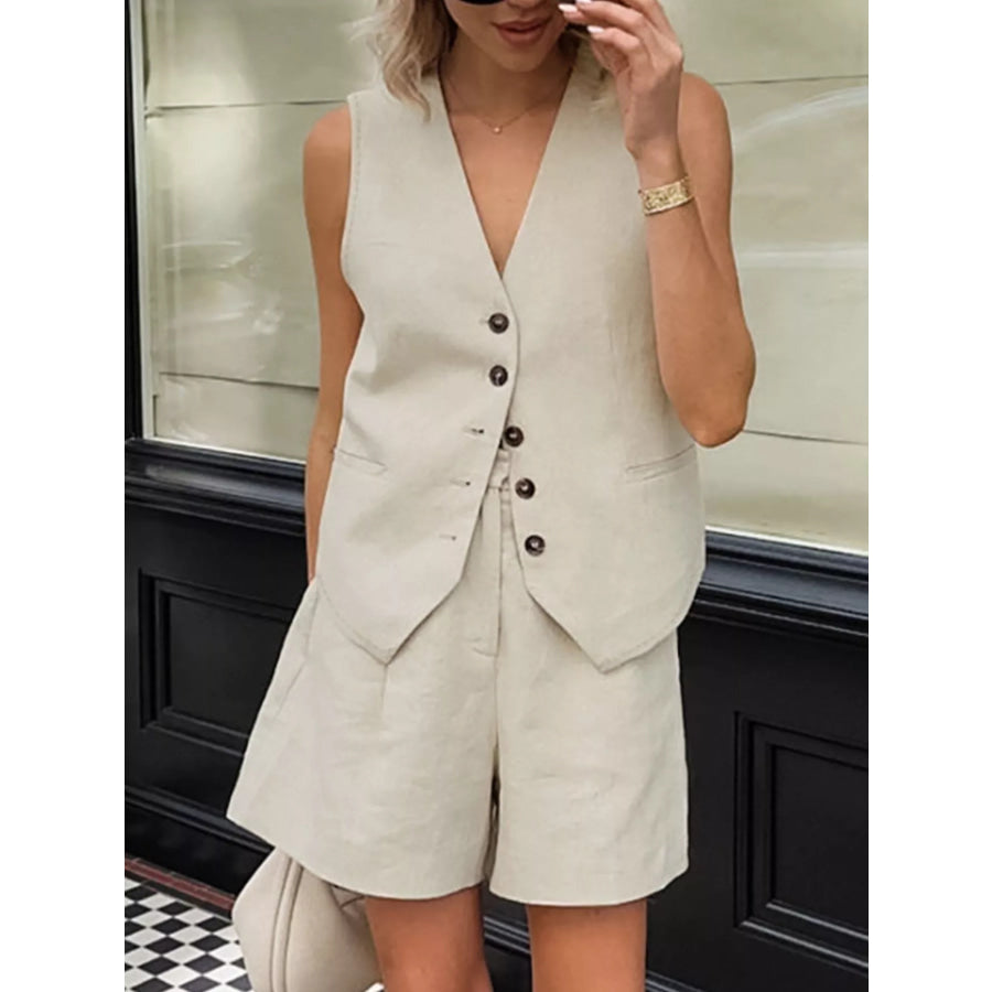 Button Up Vest and Shorts Two-Piece Set Apparel and Accessories