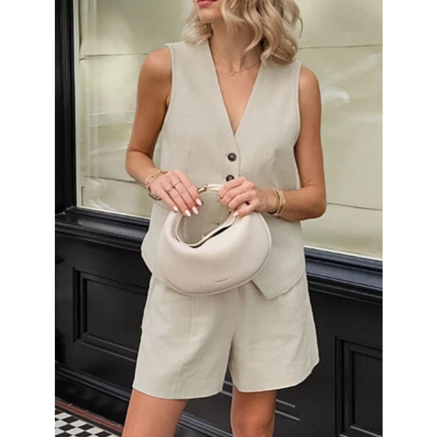Button Up Vest and Shorts Two-Piece Set Apparel and Accessories
