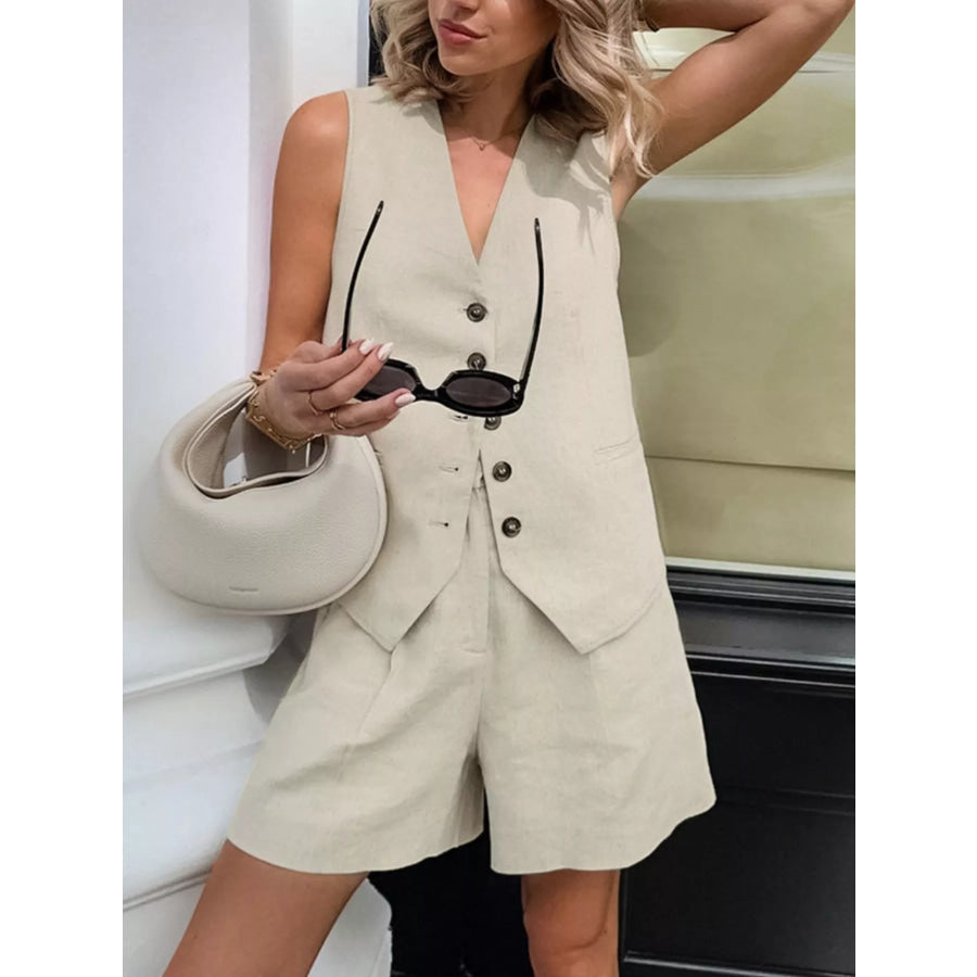 Button Up Vest and Shorts Two-Piece Set Khaki Color / S Apparel and Accessories