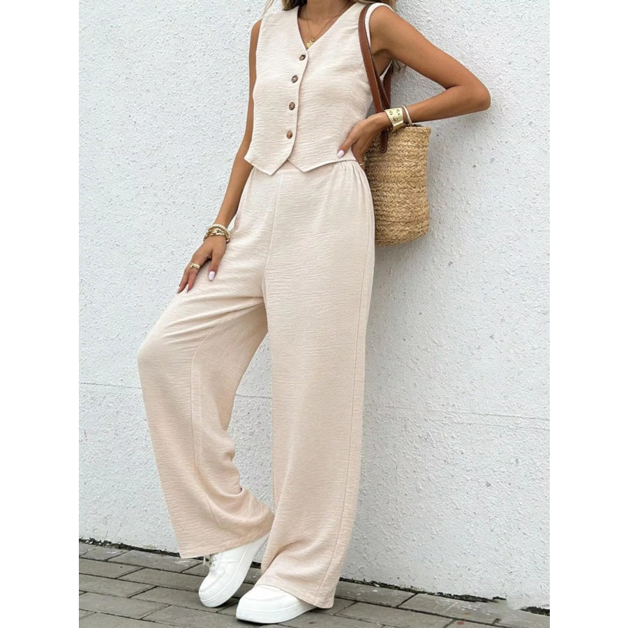 Button Up Vest and Wide Leg Pants Set Tan / XS Apparel and Accessories