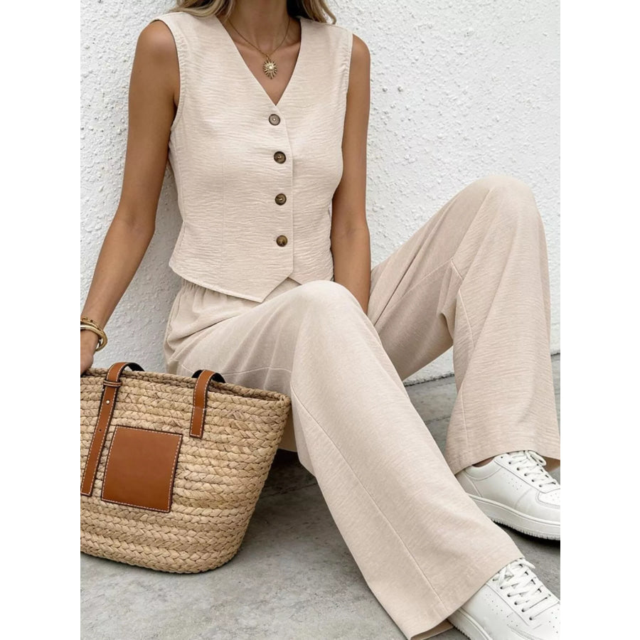 Button Up Vest and Wide Leg Pants Set Apparel and Accessories