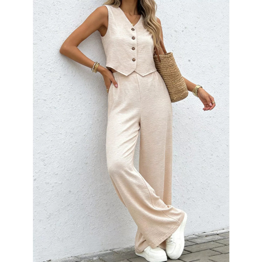 Button Up Vest and Wide Leg Pants Set Apparel and Accessories