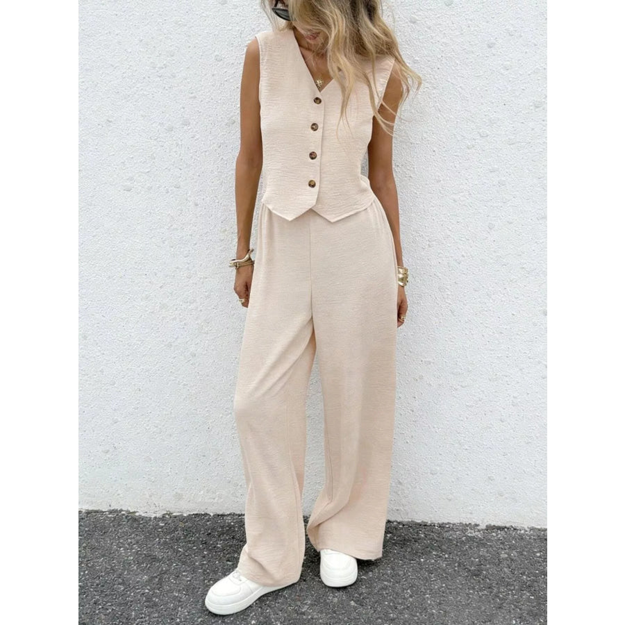 Button Up Vest and Wide Leg Pants Set Tan / XS Apparel and Accessories