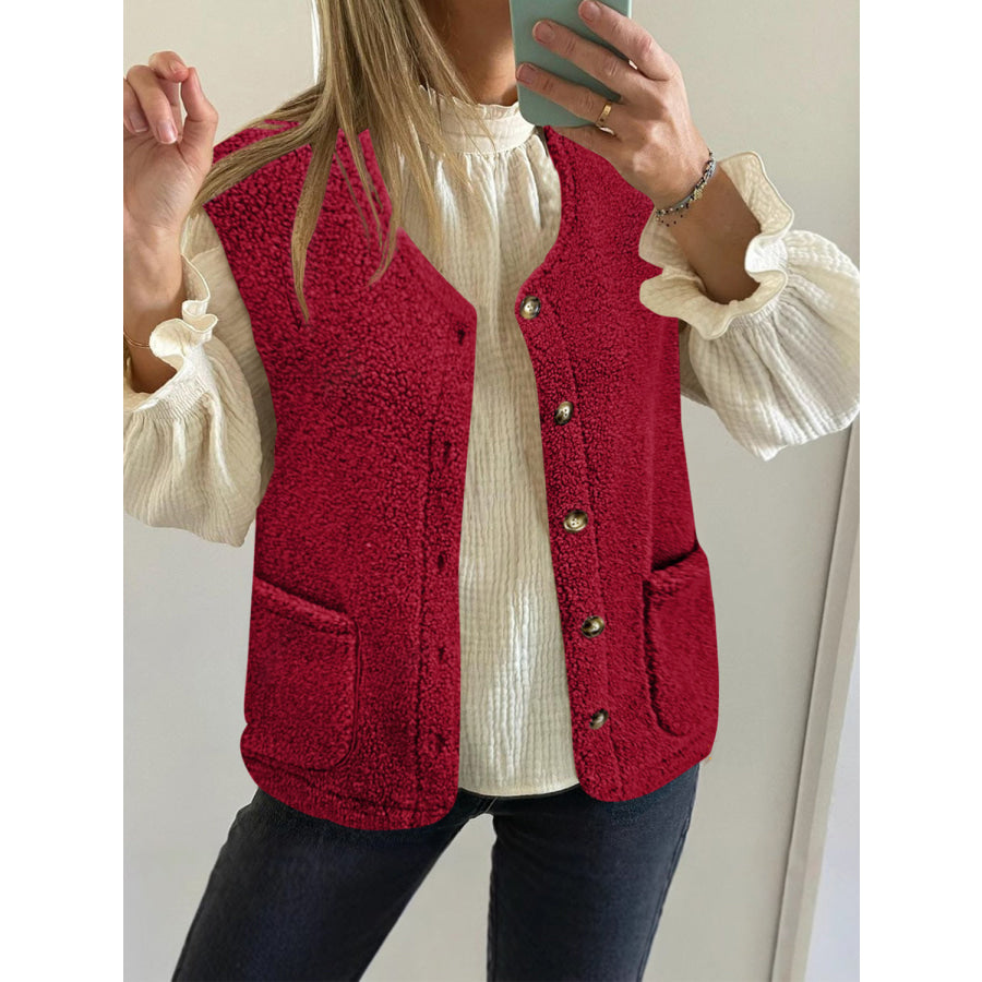 Button Up Vest Coat with Pockets Deep Red / S Apparel and Accessories