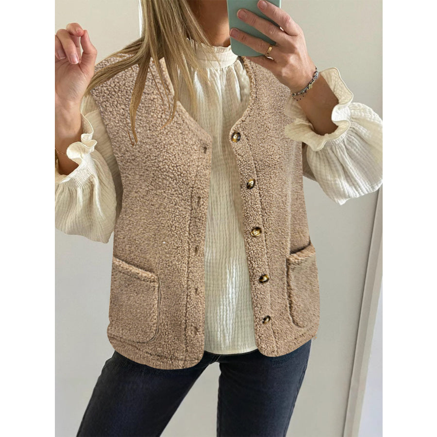 Button Up Vest Coat with Pockets Tan / S Apparel and Accessories