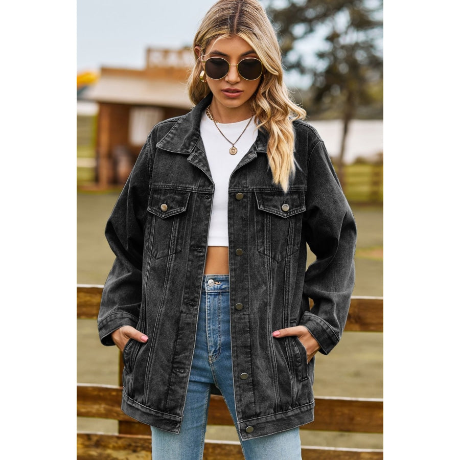 Buttoned Collared Neck Denim Jacket with Pockets Black / S