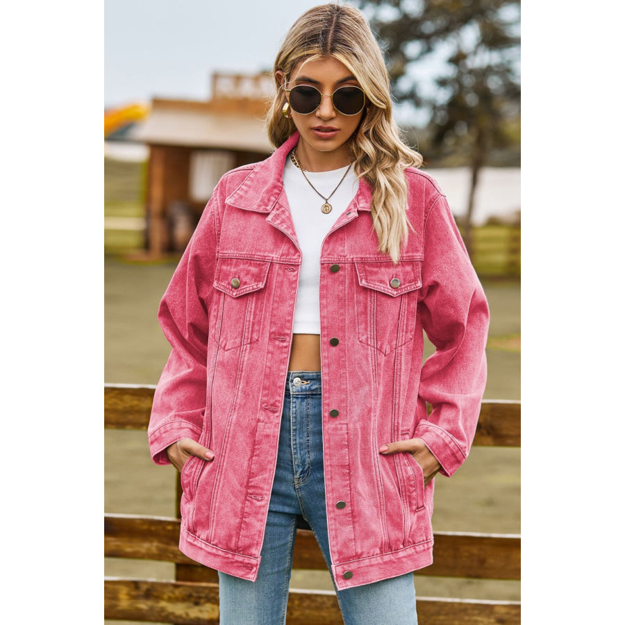 Buttoned Collared Neck Denim Jacket with Pockets Coral / S