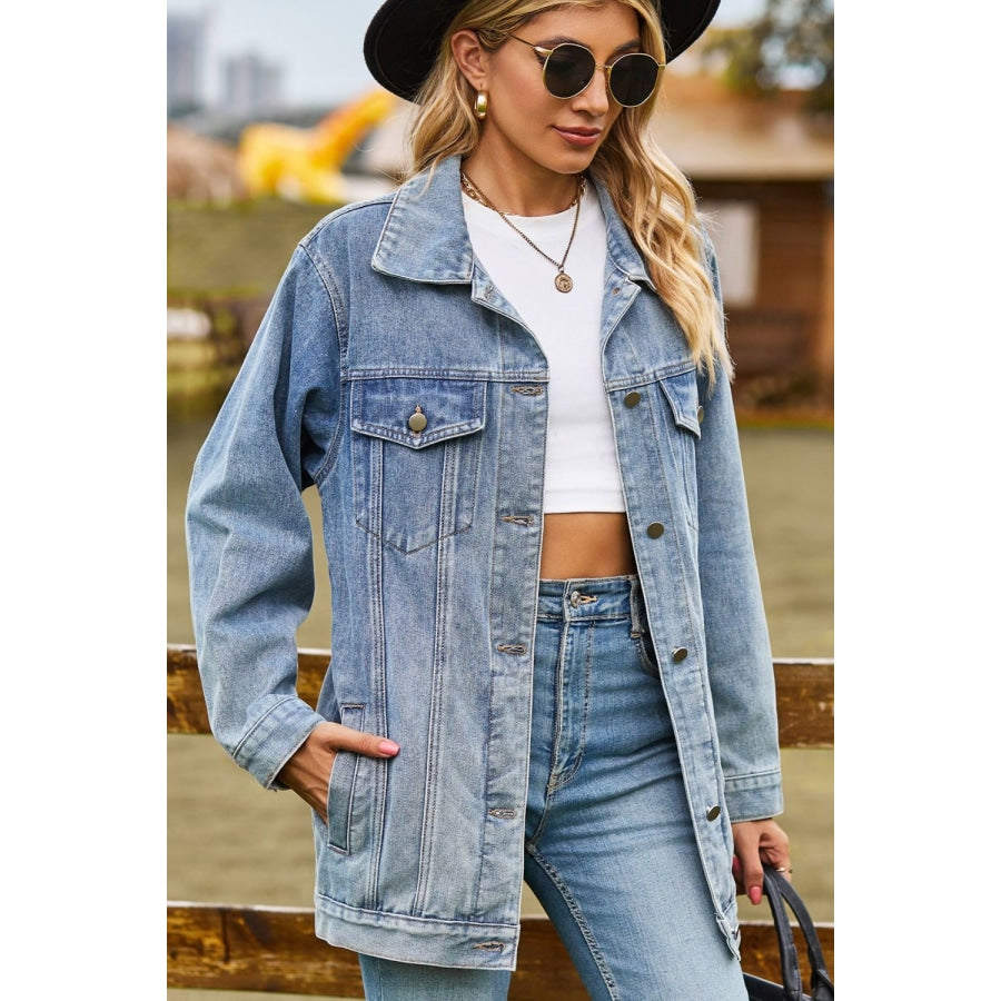 Buttoned Collared Neck Denim Jacket with Pockets Medium / S