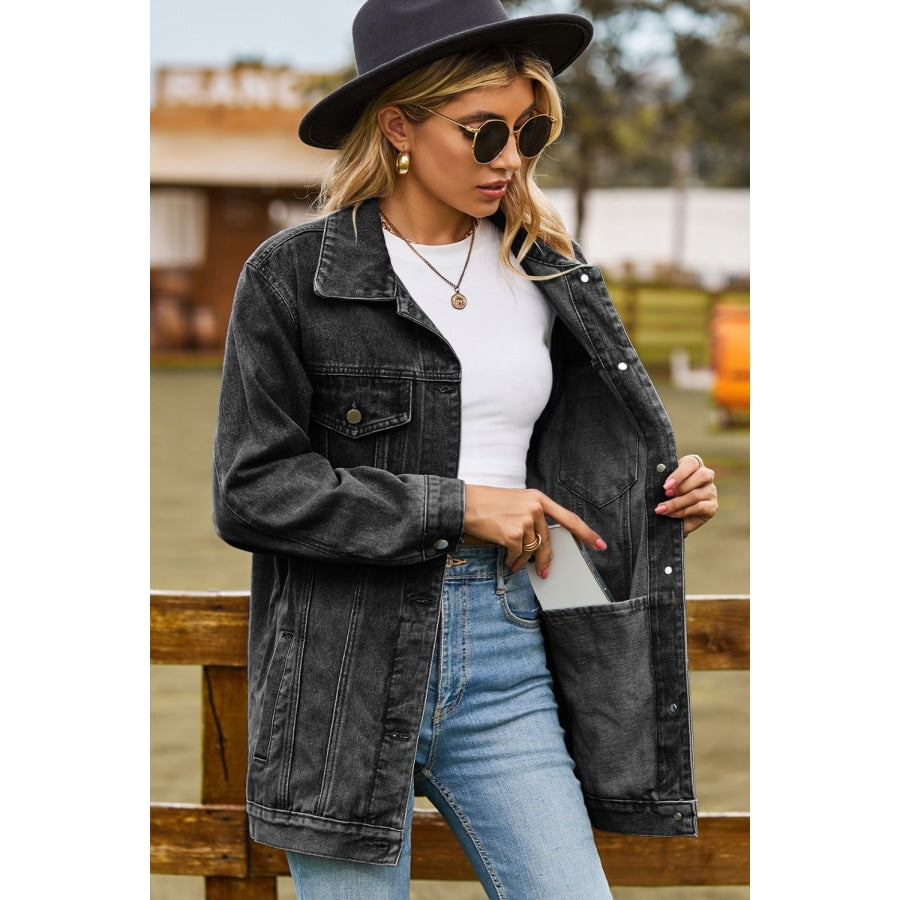 Buttoned Collared Neck Denim Jacket with Pockets