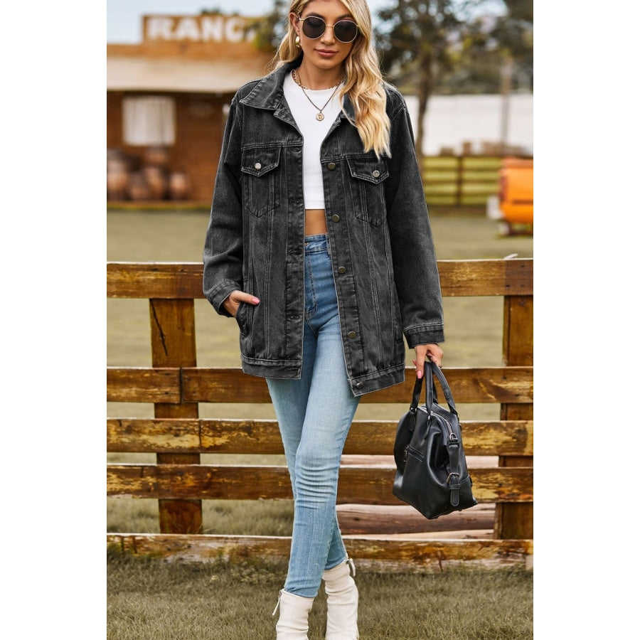 Buttoned Collared Neck Denim Jacket with Pockets