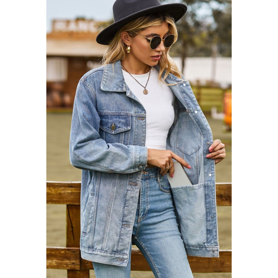 Buttoned Collared Neck Denim Jacket with Pockets