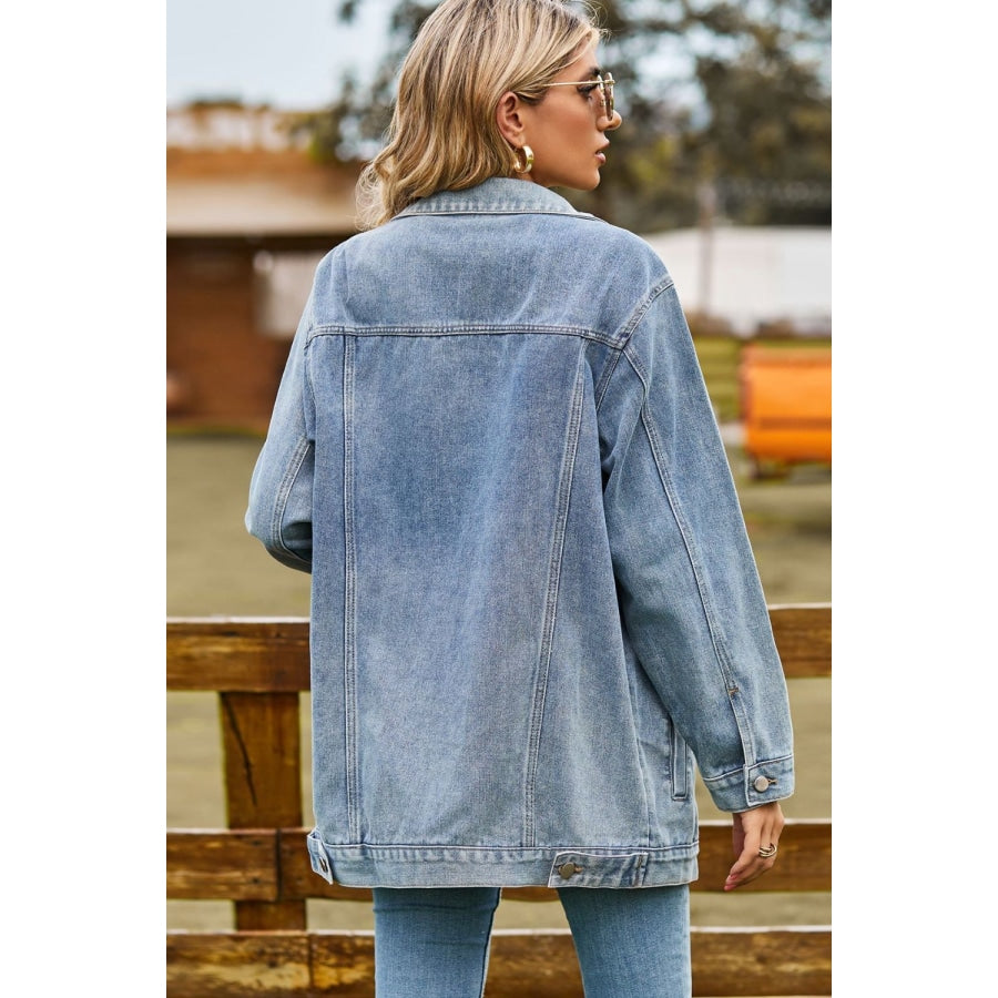 Buttoned Collared Neck Denim Jacket with Pockets