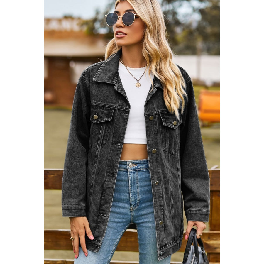 Buttoned Collared Neck Denim Jacket with Pockets