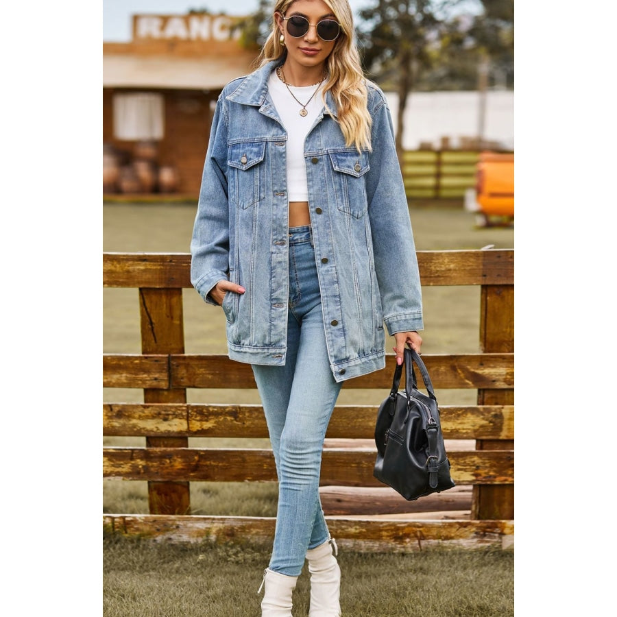 Buttoned Collared Neck Denim Jacket with Pockets