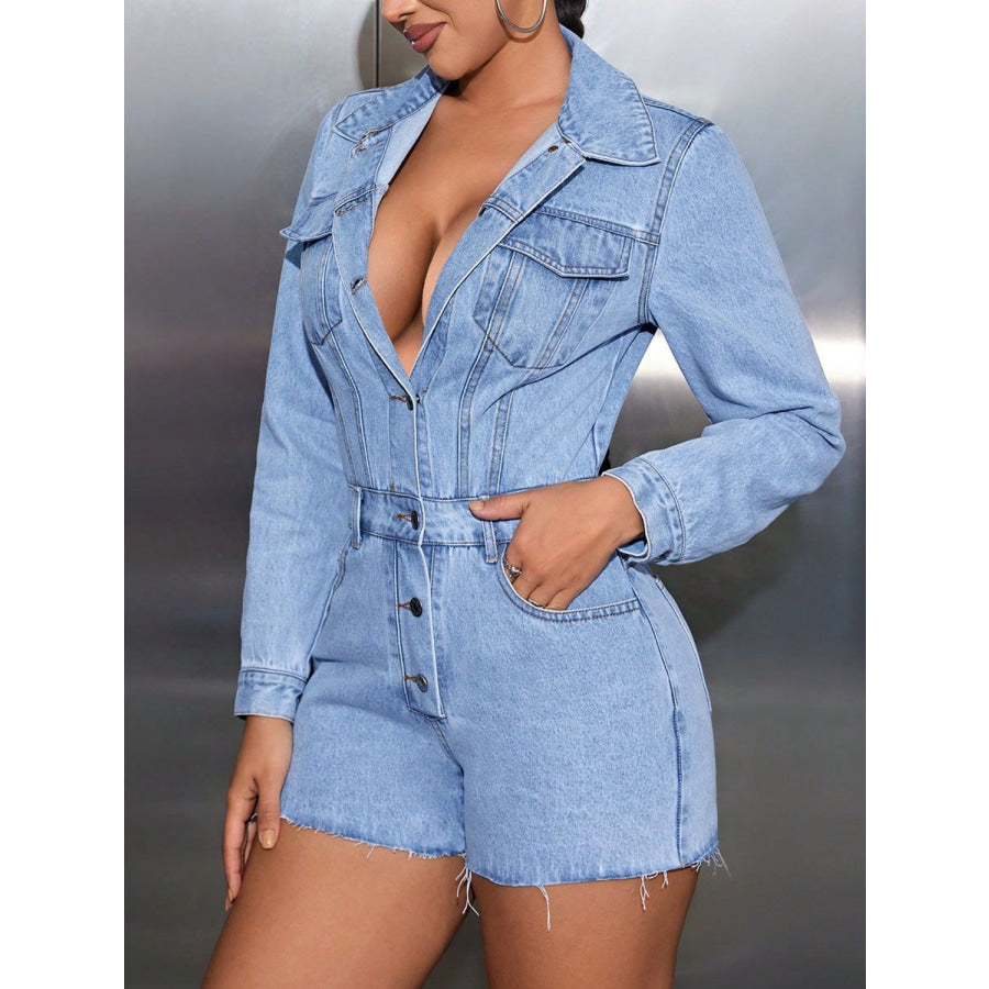 Buttoned Collared Neck Long Sleeve Denim Romper Apparel and Accessories