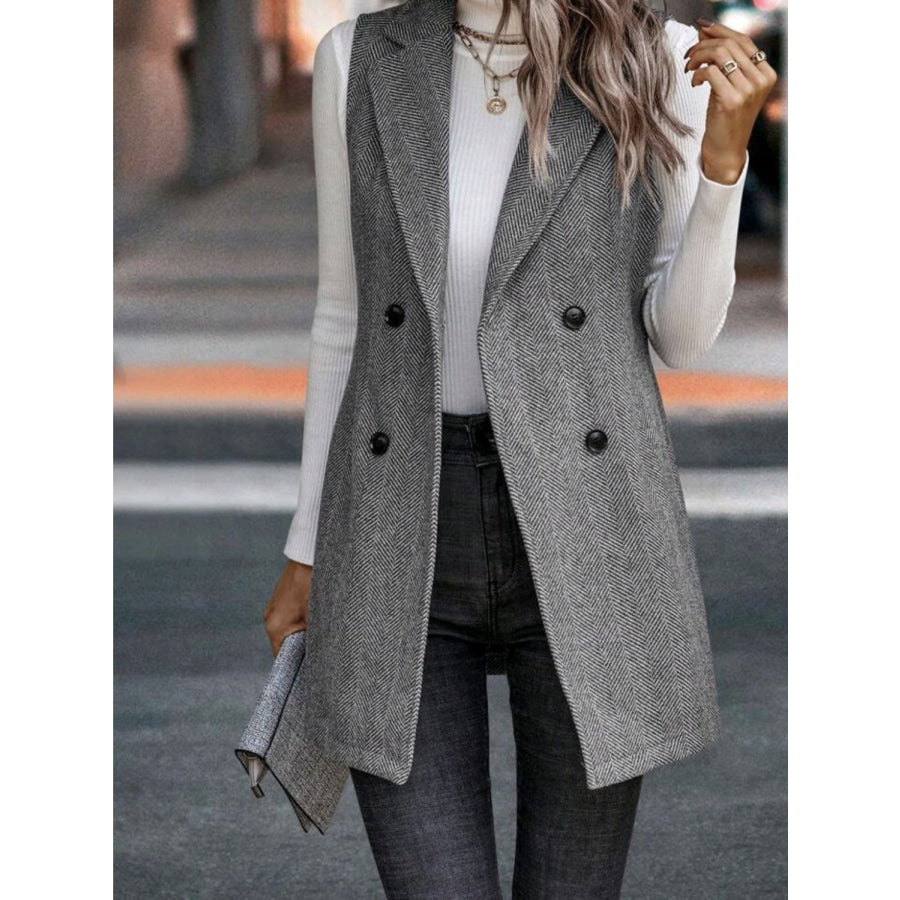 Buttoned Collared Neck Longline Vest Coat Dark Gray / S Apparel and Accessories