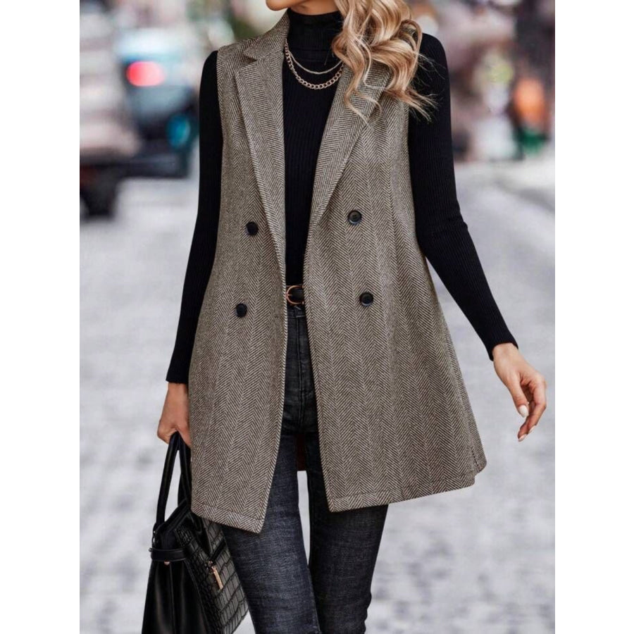 Buttoned Collared Neck Longline Vest Coat Taupe / S Apparel and Accessories