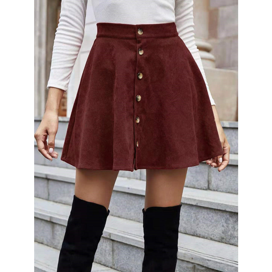 Buttoned Corduroy Mini Skirt Dark Brown / S Apparel and Accessories