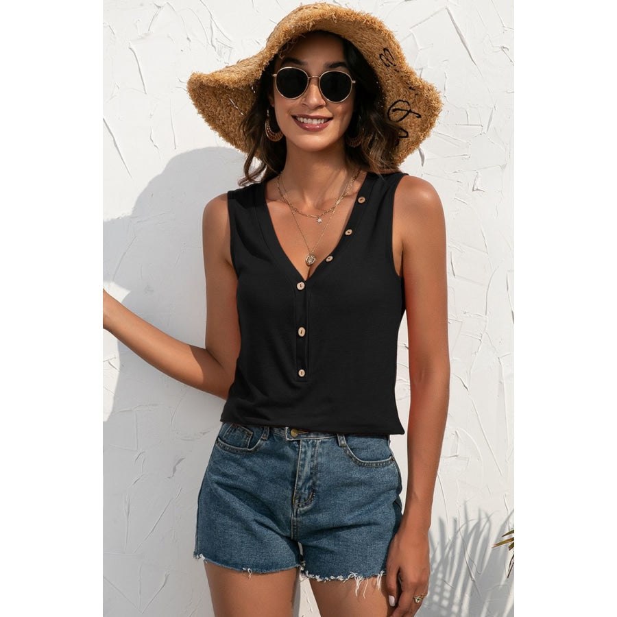 Buttoned Deep V Tank Black / S