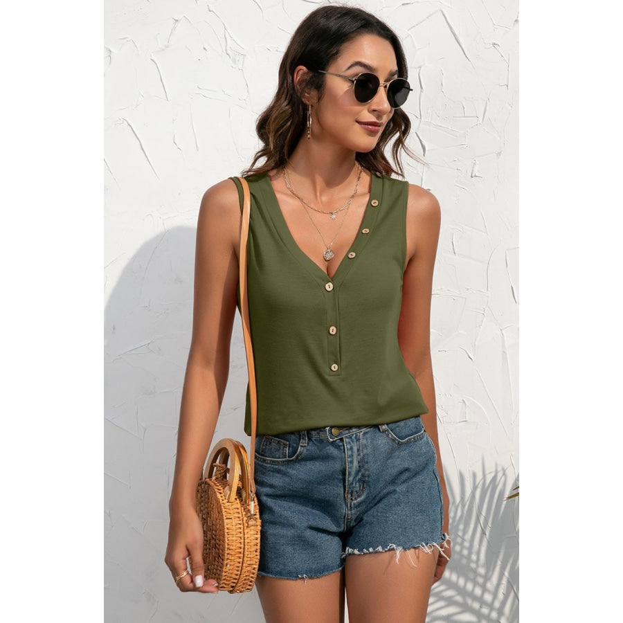 Buttoned Deep V Tank Moss / S