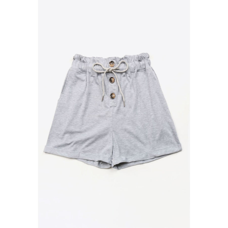 Buttoned Drawstring Waist Cuffed Shorts Light Gray / S