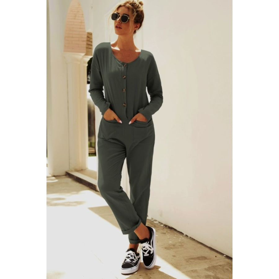 Buttoned Drop Shoulder Pocket Jumpsuit Army Green / S