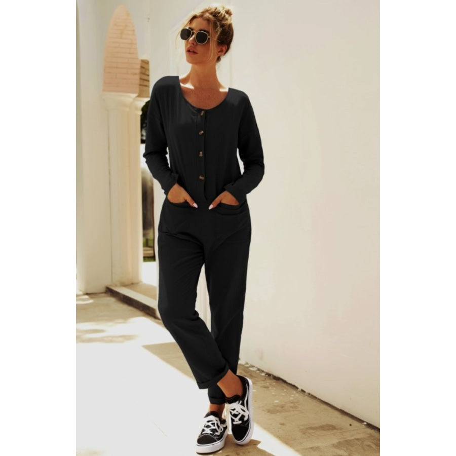 Buttoned Drop Shoulder Pocket Jumpsuit Black / S