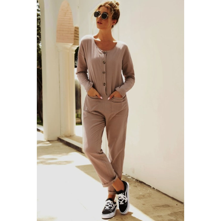 Buttoned Drop Shoulder Pocket Jumpsuit Dust Storm / S