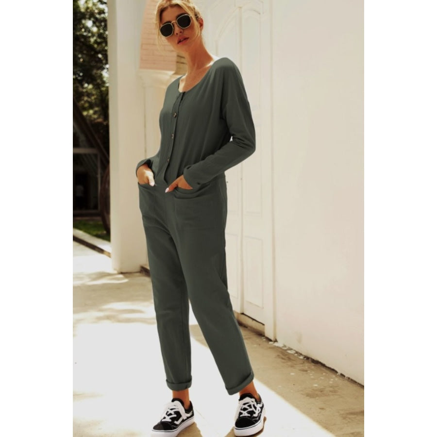 Buttoned Drop Shoulder Pocket Jumpsuit