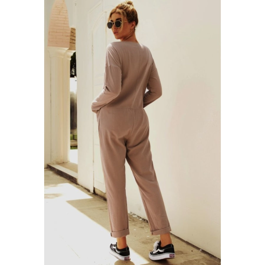 Buttoned Drop Shoulder Pocket Jumpsuit