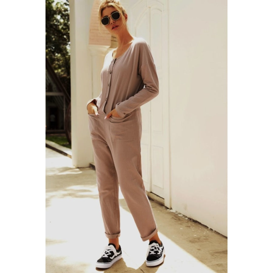 Buttoned Drop Shoulder Pocket Jumpsuit