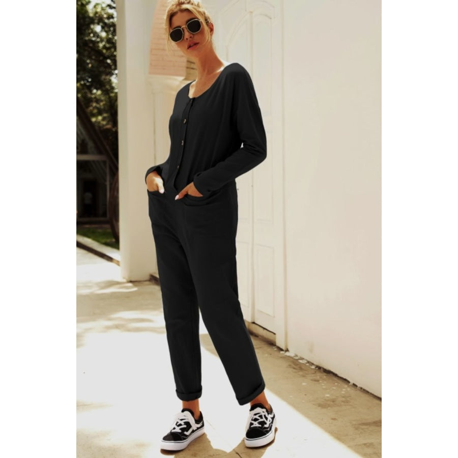 Buttoned Drop Shoulder Pocket Jumpsuit